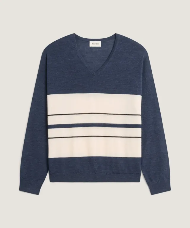 Rodier Maglia Scollo a V Righe Merino Donna Denim Blue