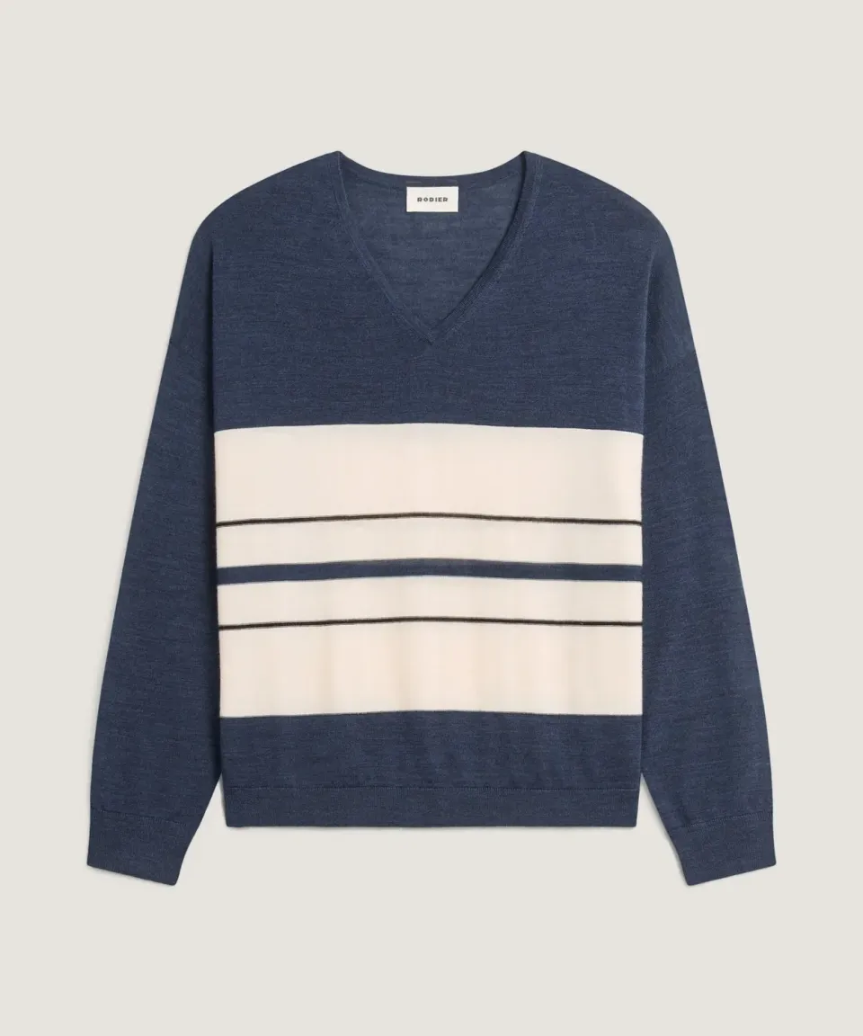 Rodier Maglia Scollo a V Righe Merino Donna Denim Blue