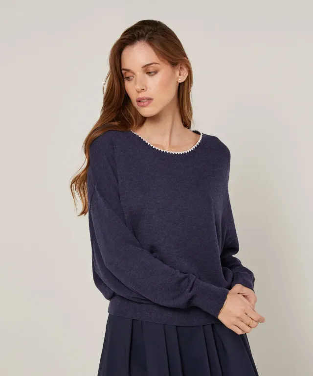 Rodier Maglione girocollo maglia fine blu denim oversize