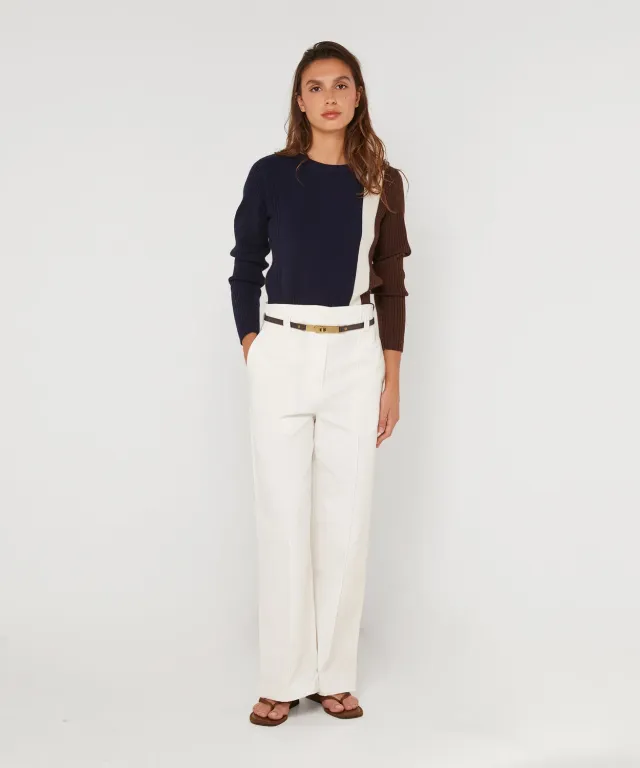 Rodier Pantaloni Larghi Vita Alta Cotone Bianco Ecru
