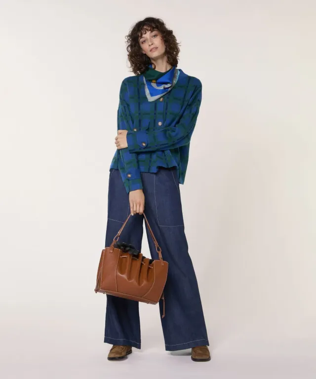Rodier Giacca maglia quadri blu verde taglio corto