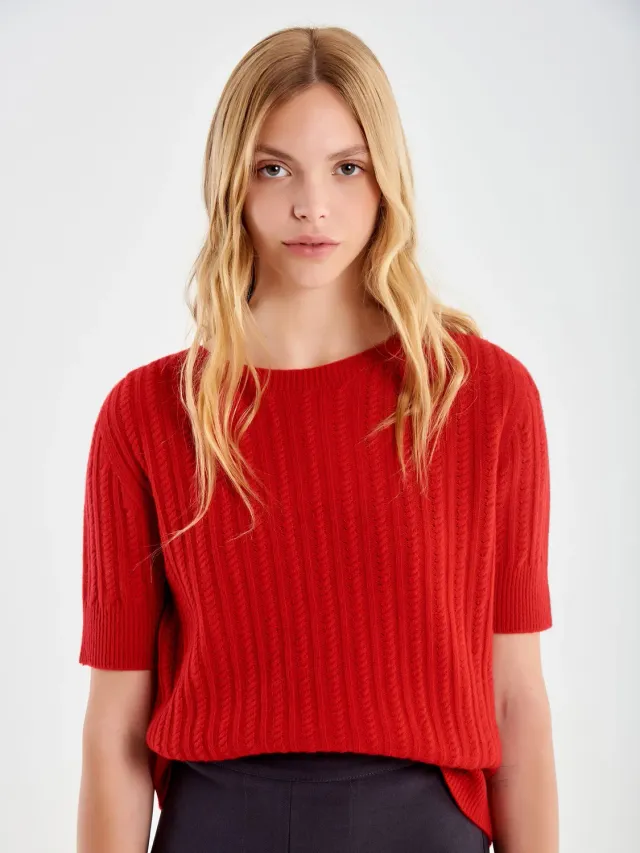 Vicolo T-shirt girocollo maglia rossa trecce cashmere unica