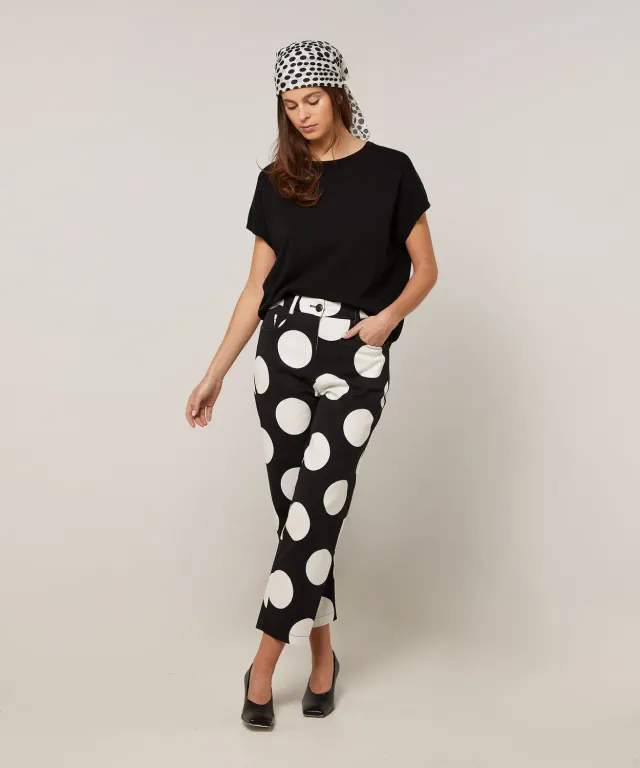 Rodier Pantalone Dritto Tela Pois Nero Cotone Elastic