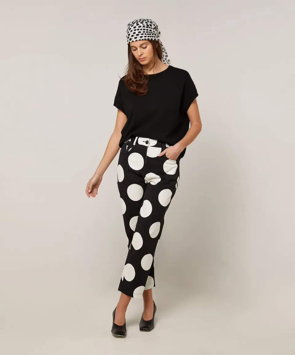 Rodier Pantalone Dritto Tela Pois Nero Cotone Elastic