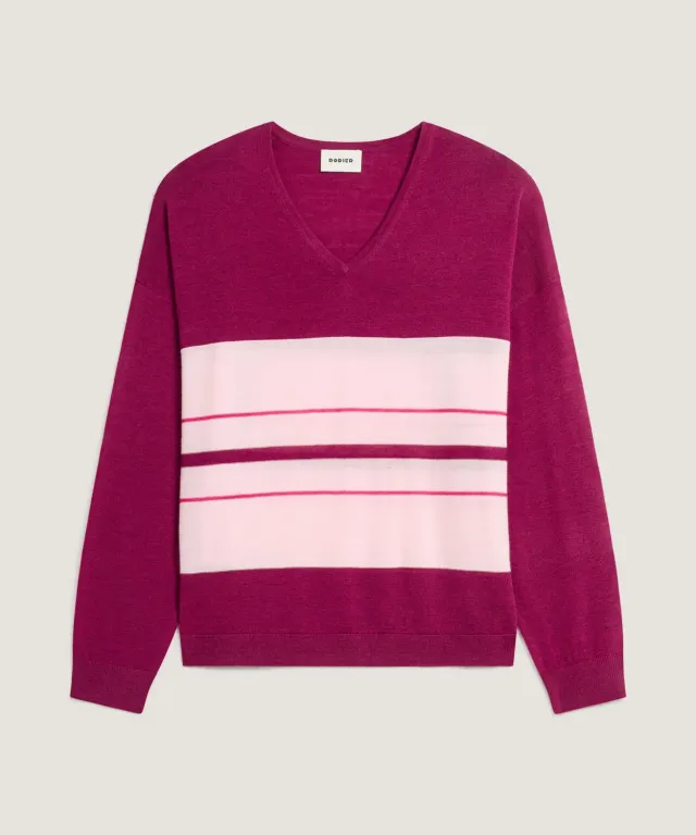 Rodier Maglione Scollo a V Righe Lana Cassis