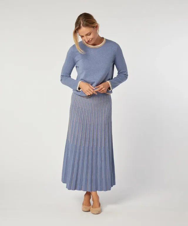 Rodier Gonna Maglia Plissettata Blu Midi Donna