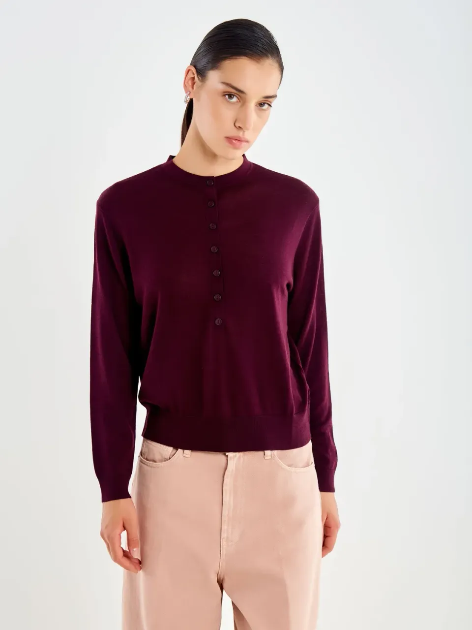 Vicolo Pull Girocollo Bottoncini maglione bordeaux pura lana