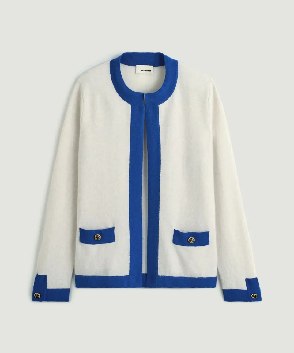 Rodier Cardigan Bicolore Cashmere Bianco 2 Fili Donna