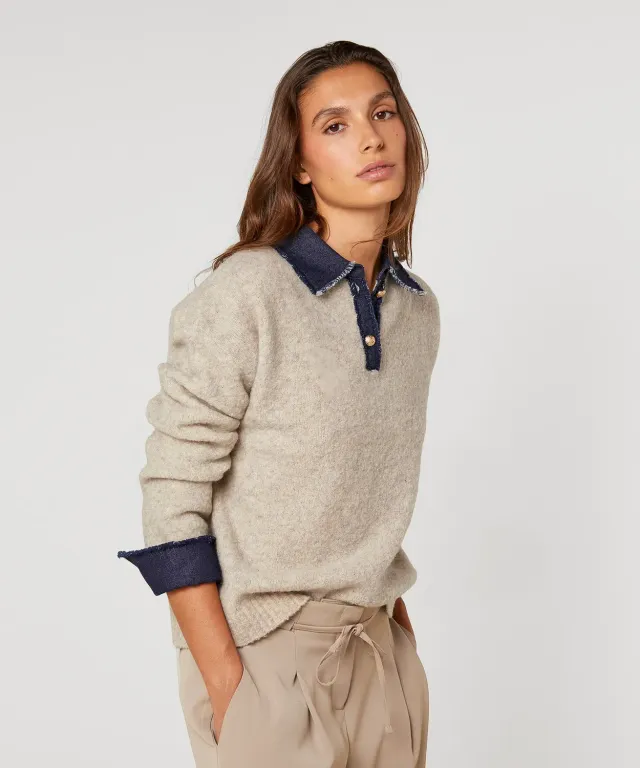Rodier Maglione Polo Bimateriale Beige Melange