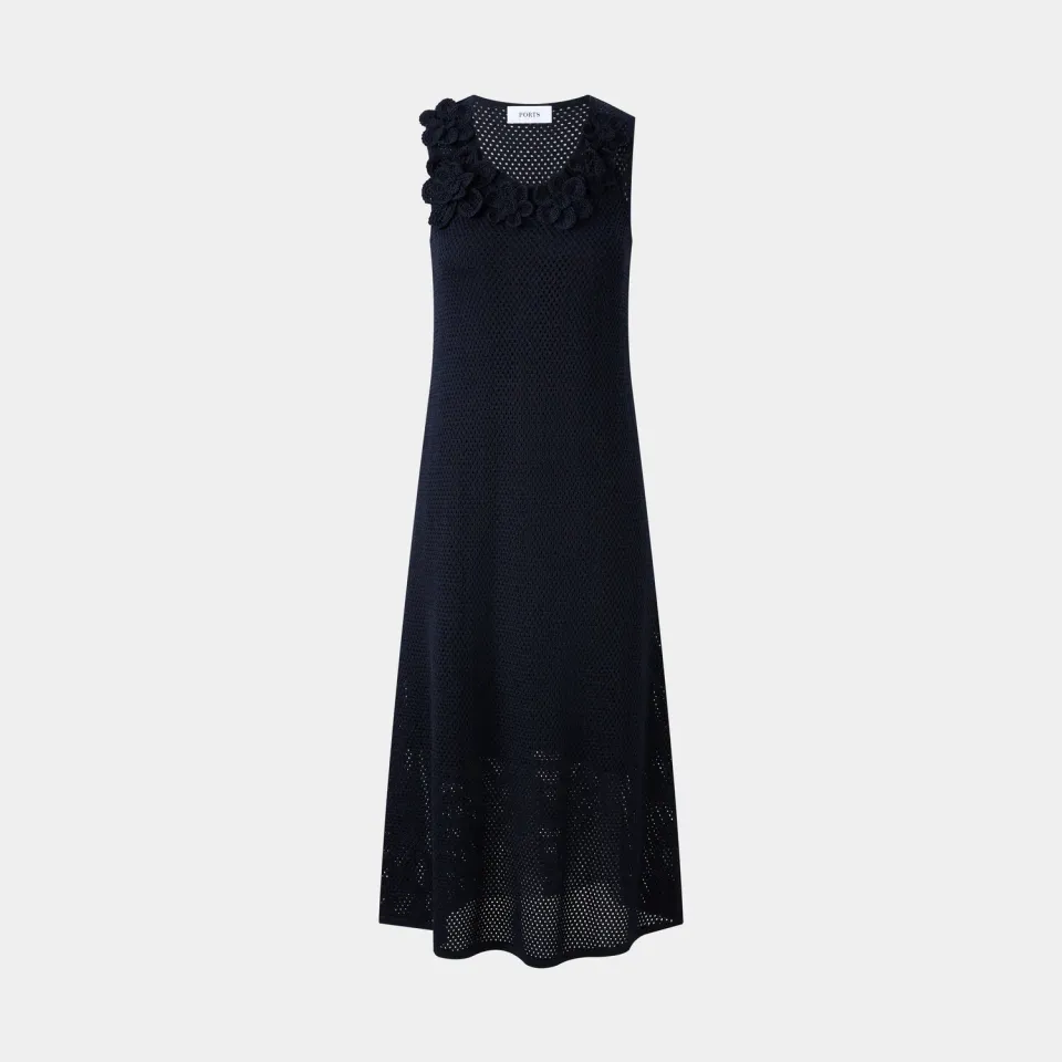 PORTS Ruffled Navy Elegance abito blu navy S con ruches