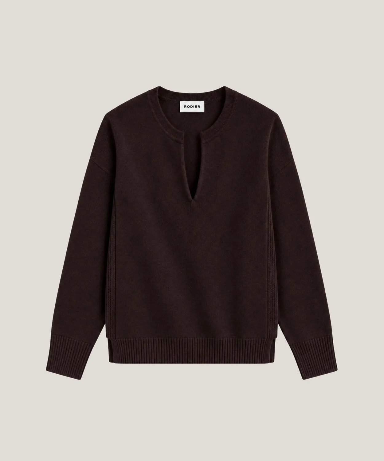 Rodier Maglia Scollo Tunisino Cashmere Marrone Scuro