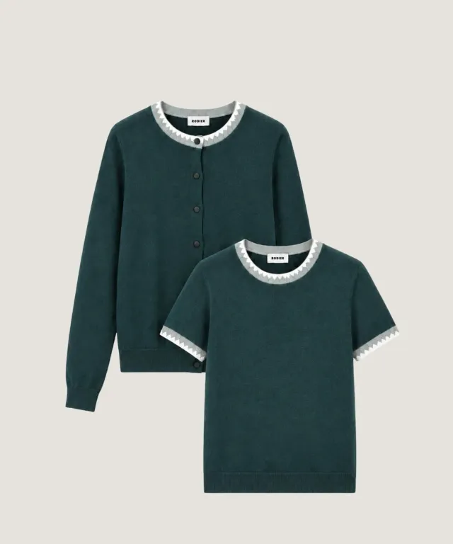 Rodier Twin Set in Cotone Verde Anatra Top+Cardigan