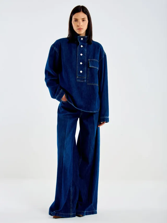 VICOLO Camicia in Jeans con Taschino blu cotone