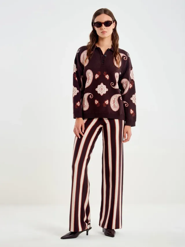 Vicolo Pantaloni maglia righe beige marrone rosa unica