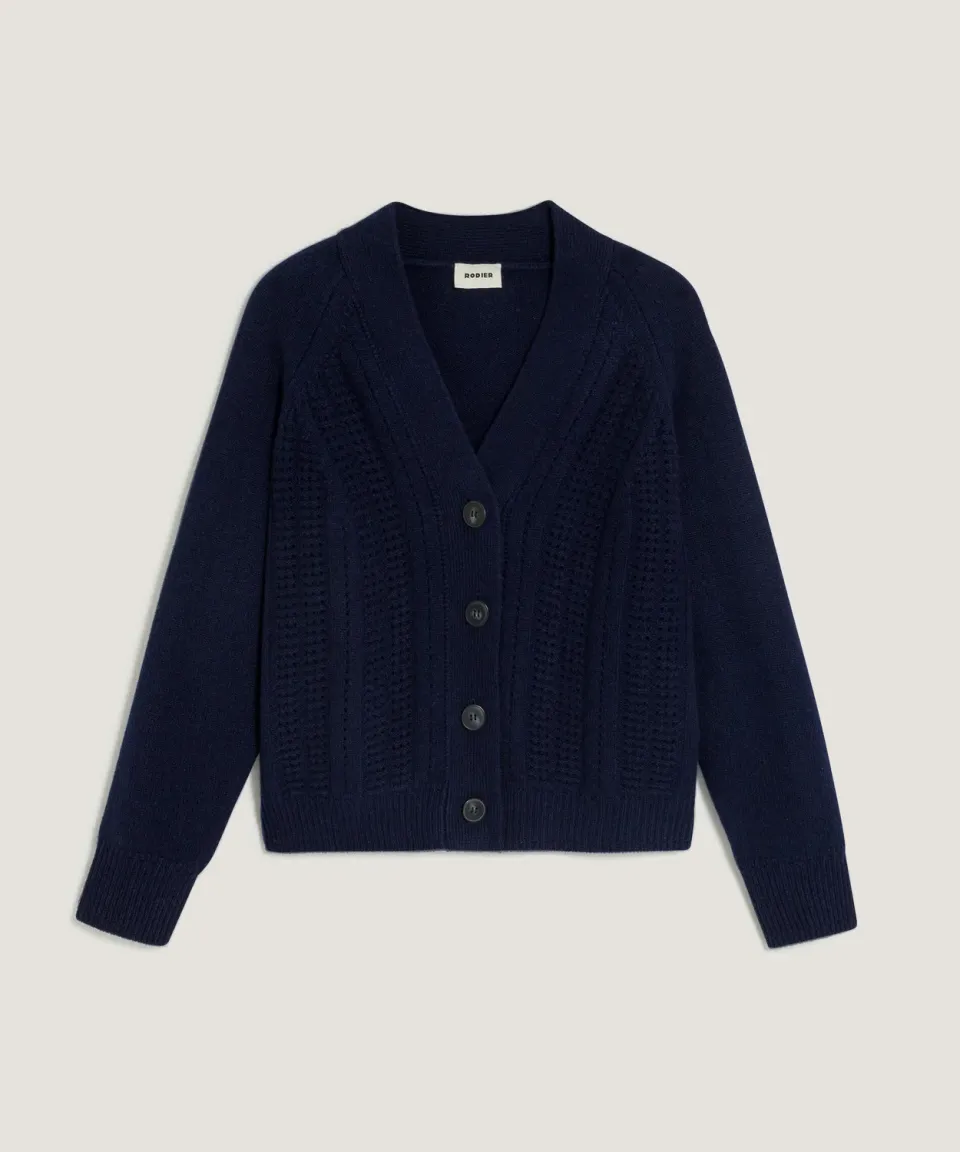 Rodier cardigan cashmere traforato scollo V blu navy