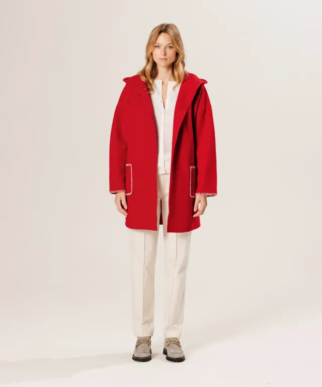 Rodier Cappotto Lana Cotta con Cappuccio Rosso
