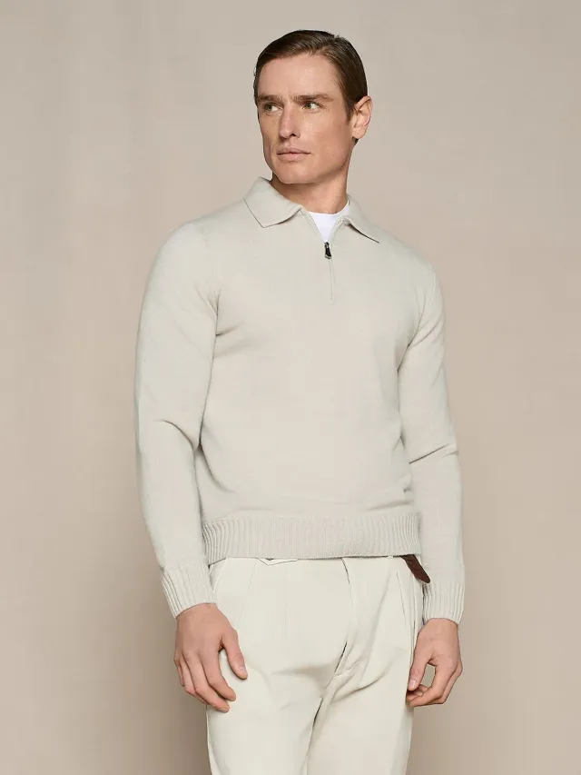 Paul Taylor polo mezza zip misto cashmere burro manica lunga