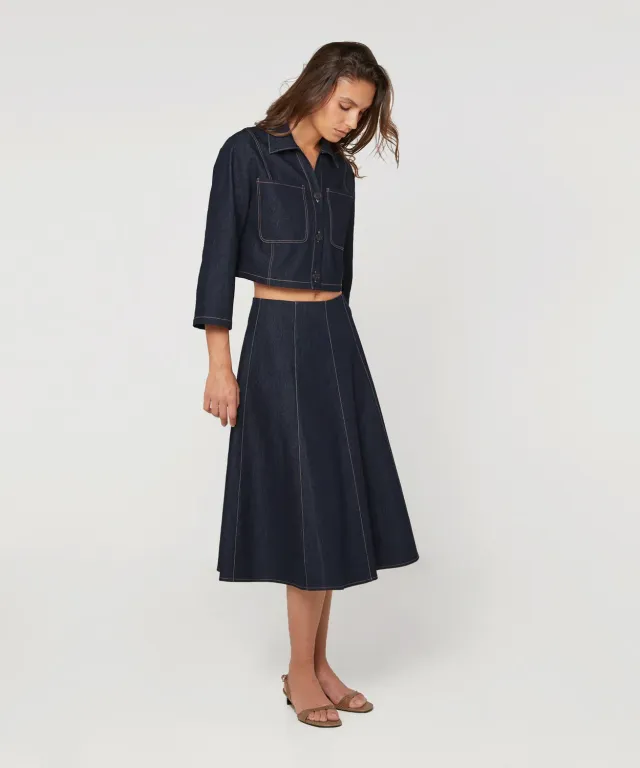 Rodier gonna svasata denim midi blu denim vita alta