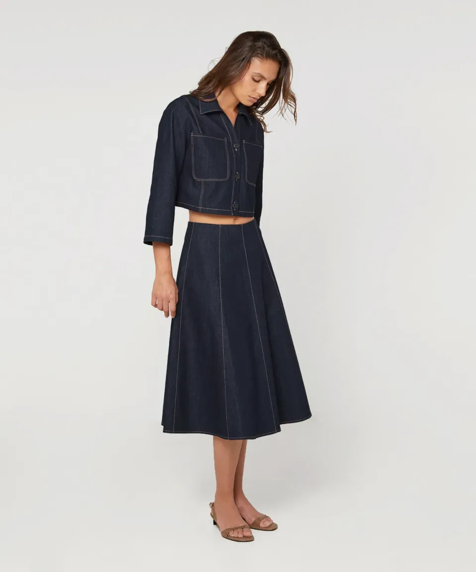 Rodier gonna svasata denim midi blu denim vita alta