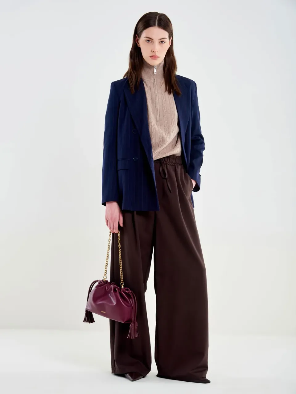VICOLO Pantalone Gamba Larga Fondente con Coulisse