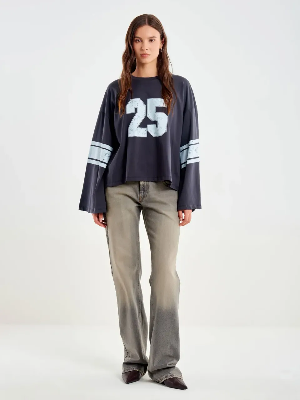 Vicolo T-shirt stampa college grigia maniche lunghe