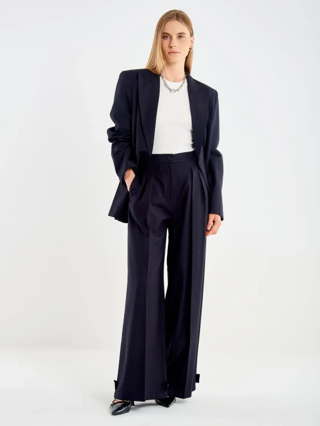 Vicolo Pantalone Gessato Over con Pieghe palazzo blu L