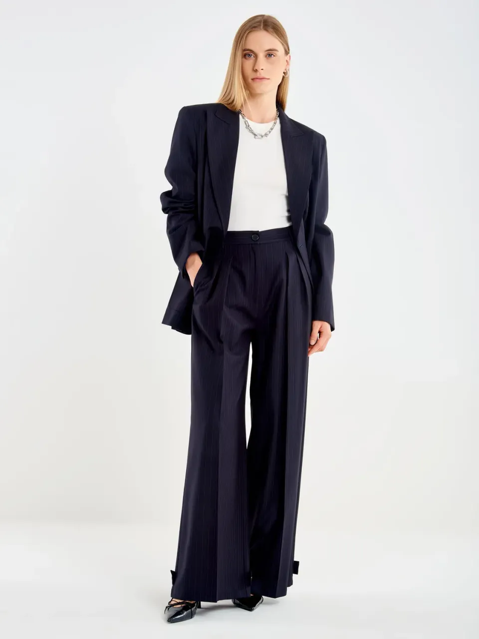 Vicolo Pantalone Gessato Over con Pieghe palazzo blu L