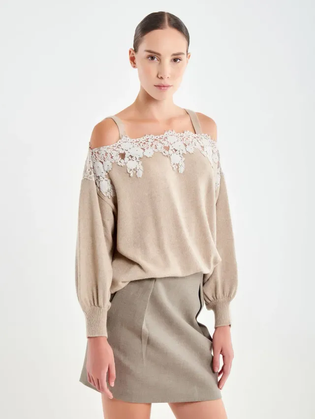 Vicolo Maglia Spalline Pizzo beige maniche lunghe taglia unica