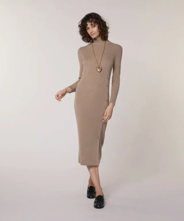 Rodier abito lungo maglia marrone moka coste scollo alto