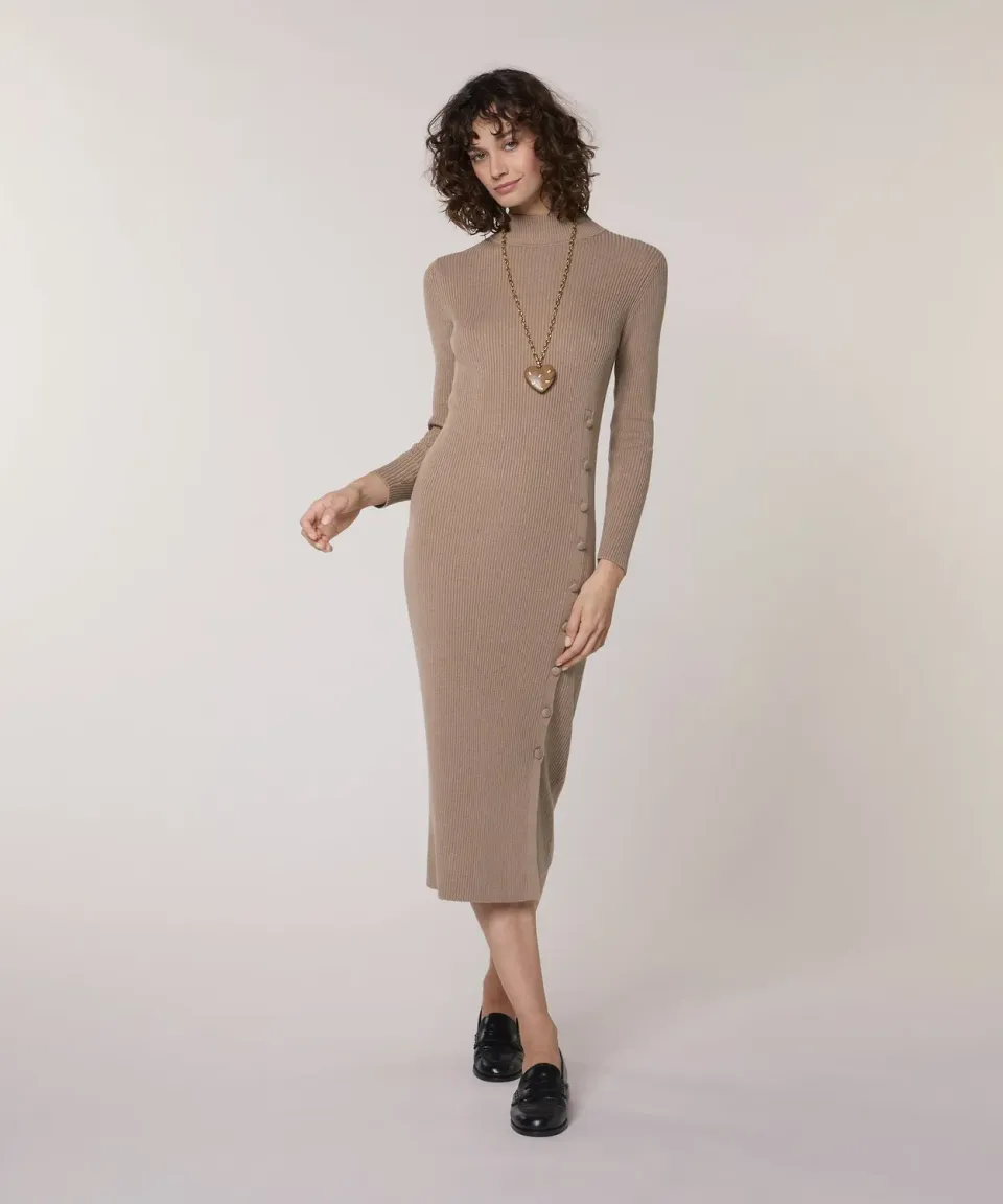 Rodier abito lungo maglia marrone moka coste scollo alto