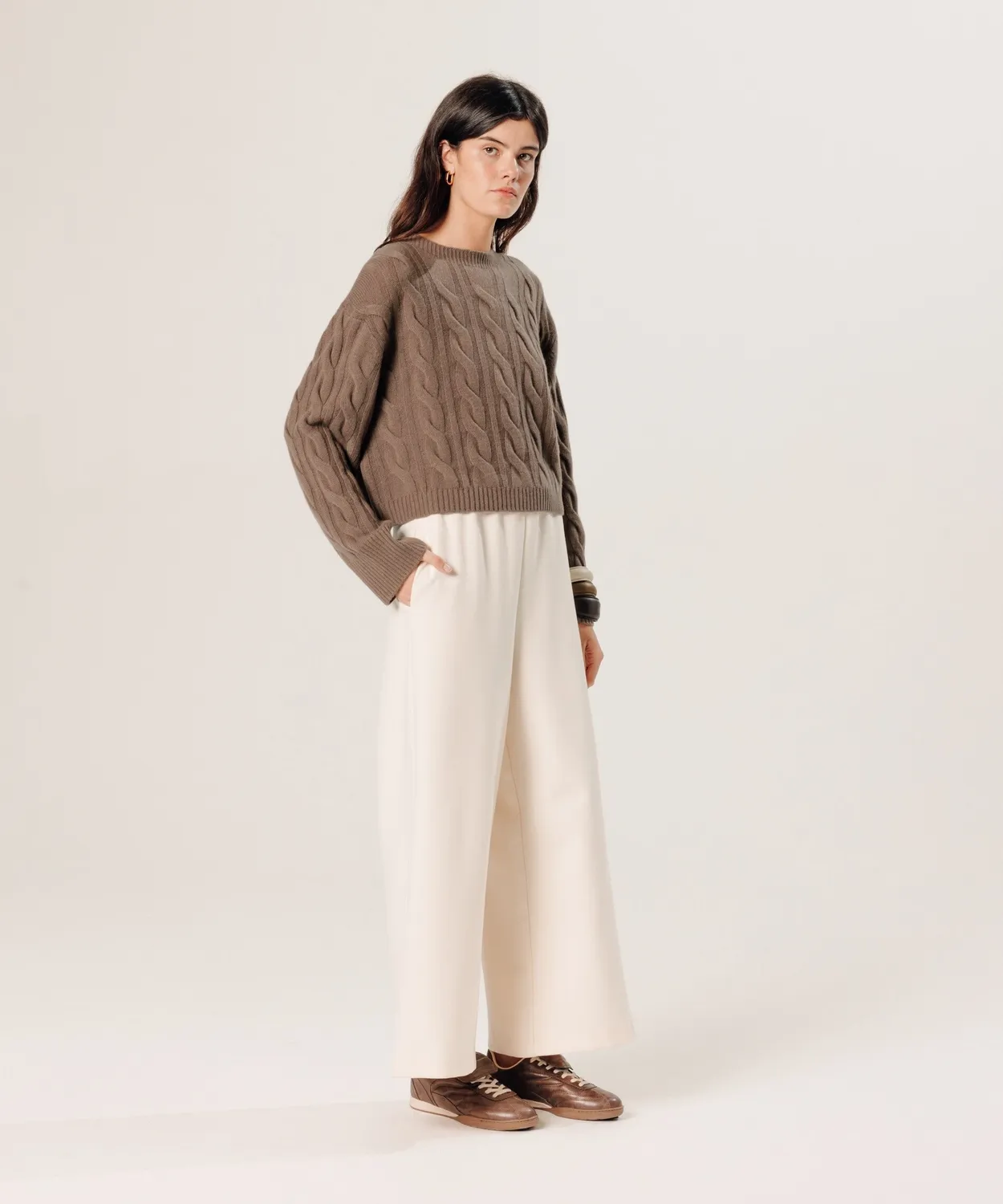 Rodier Maglione corto cashmere trecce marrone havana