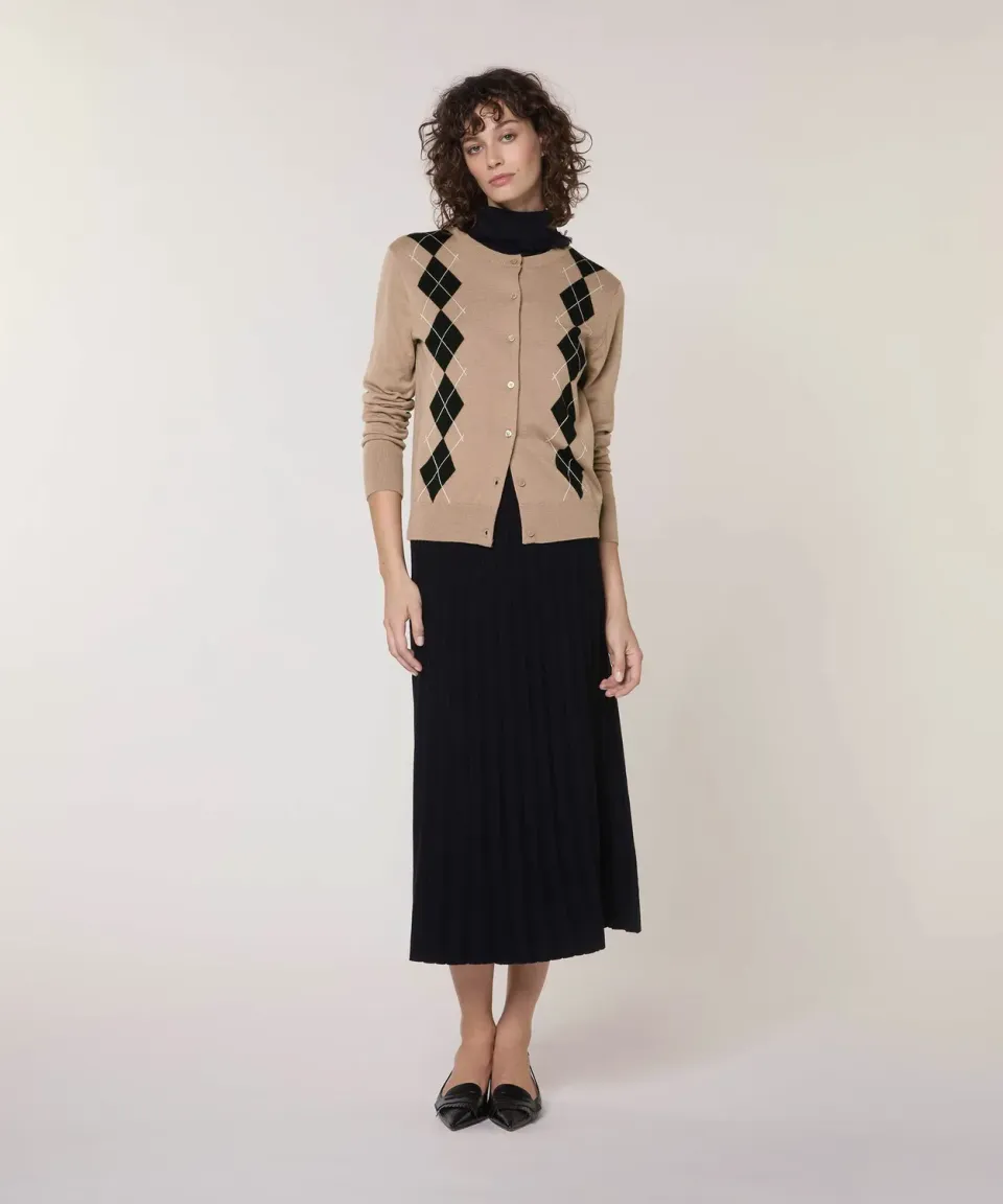 Rodier cardigan jacquard rombi maglia fine marrone moka