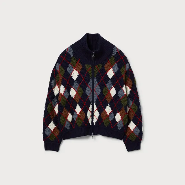PORTS Argyle Wool Zip cardigan navy lana