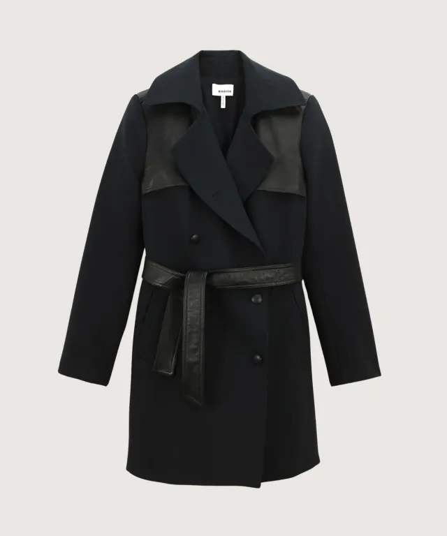 Rodier Trench bimateriale in pelle nero al ginocchio