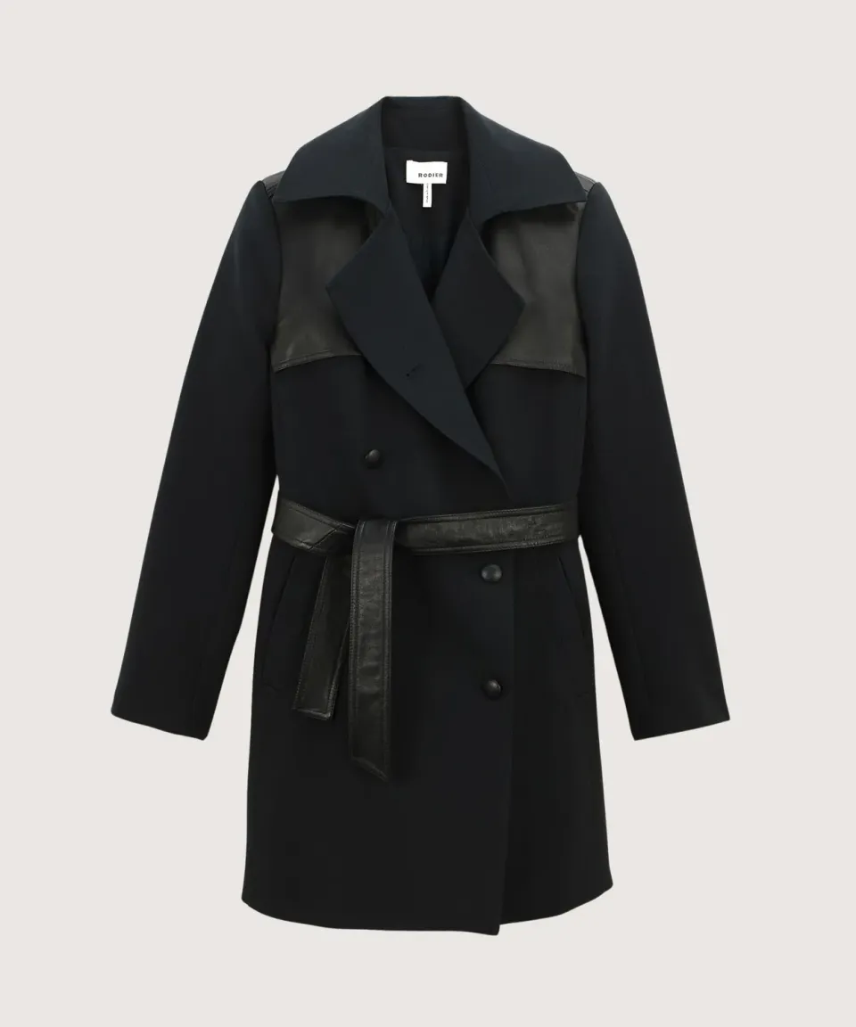 Rodier Trench bimateriale in pelle nero al ginocchio