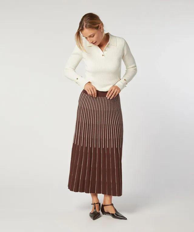 Rodier Gonna Lunga Maglia Marrone Plissettata Midi