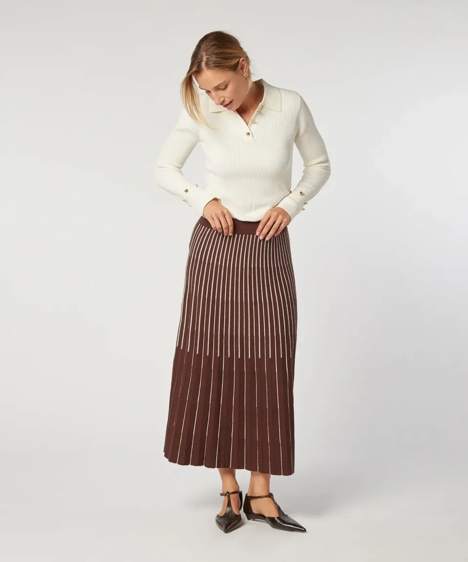 Rodier Gonna Lunga Maglia Marrone Plissettata Midi