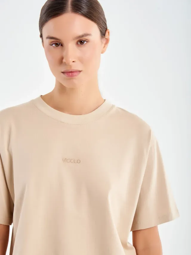 Vicolo T-Shirt Cropped beige ricamo jersey cotone taglia S