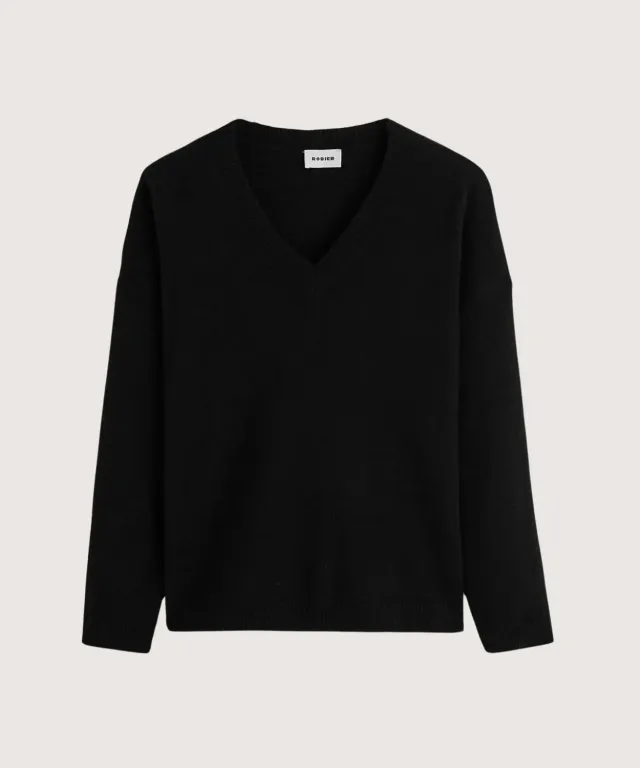 Rodier maglione oversize scollo a V cashmere nero 2 fili