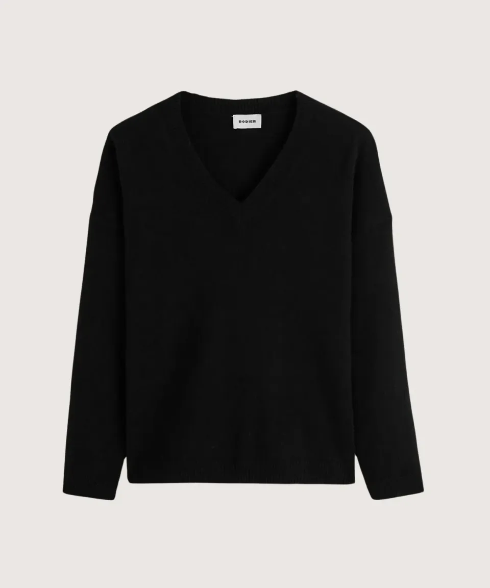 Rodier maglione oversize scollo a V cashmere nero 2 fili