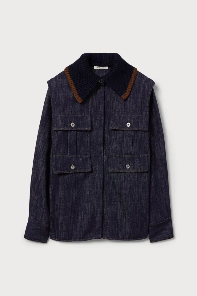 PORTS Utility camicia denim indaco collo contrasto