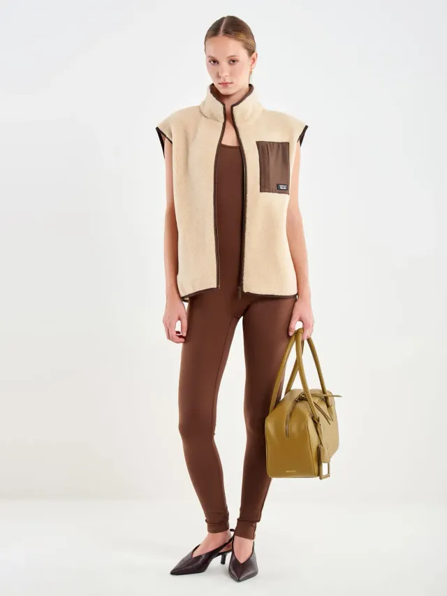 VICOLO Gilet Tessuto Teddy beige con zip poliestere