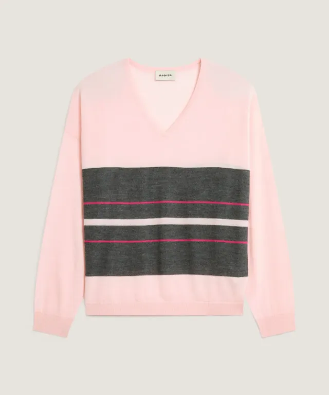 Rodier maglione scollo V righe merino rosa perla