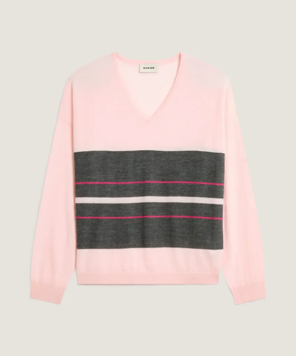Rodier maglione scollo V righe merino rosa perla