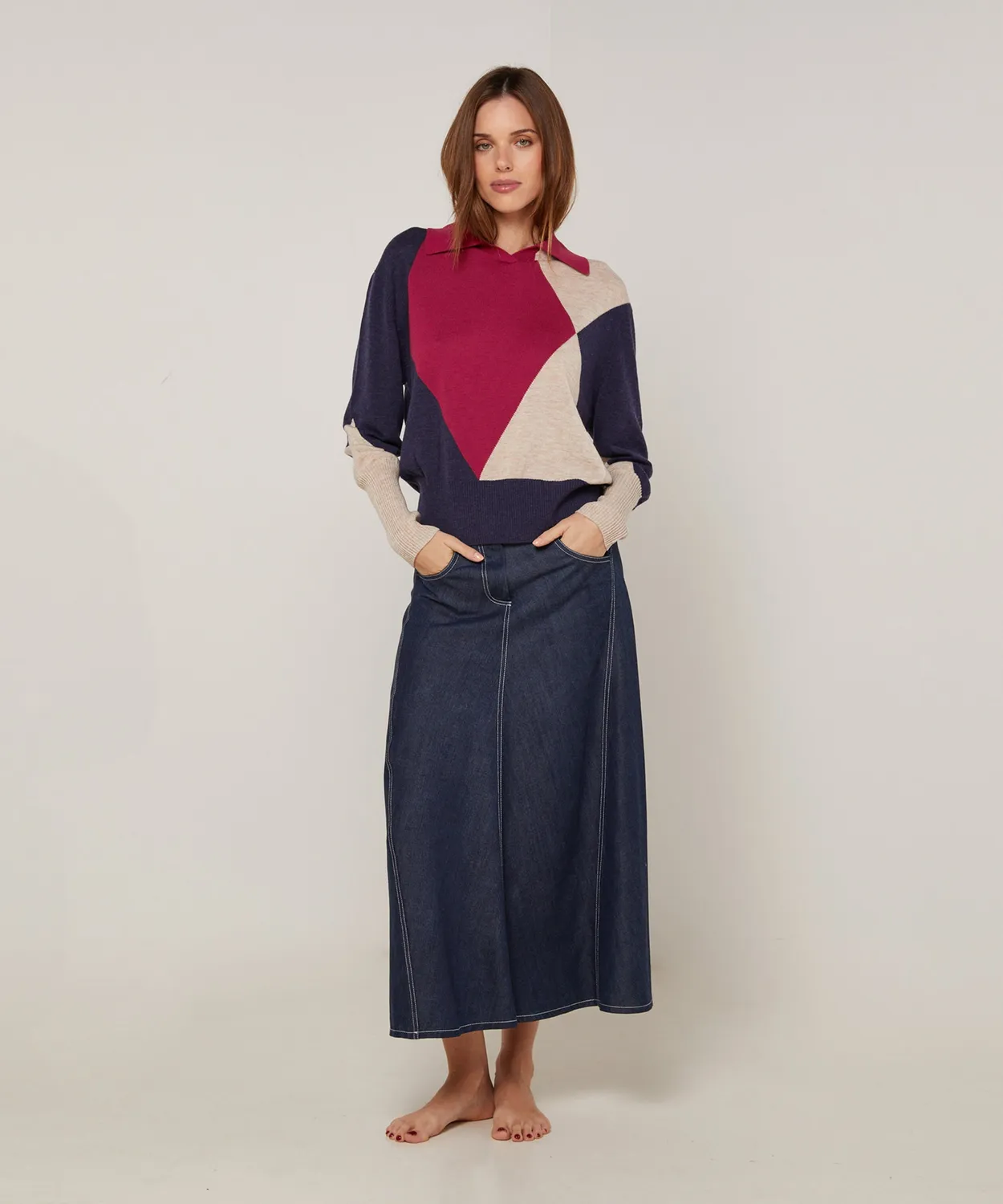 Rodier Maglia Dolcevita Colorblock Grenat M