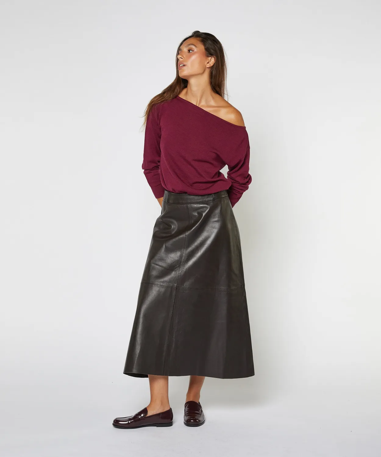 Rodier gonna lunga svasata pelle marrone corteccia