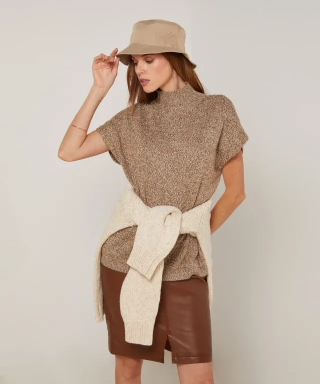 Rodier Maglione lungo erica collo alto maniche corte marrone