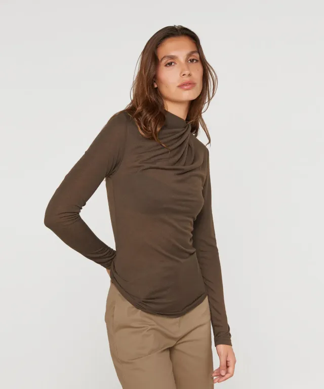 Rodier T-Shirt Drappeggiata Marrone Maniche Lunghe