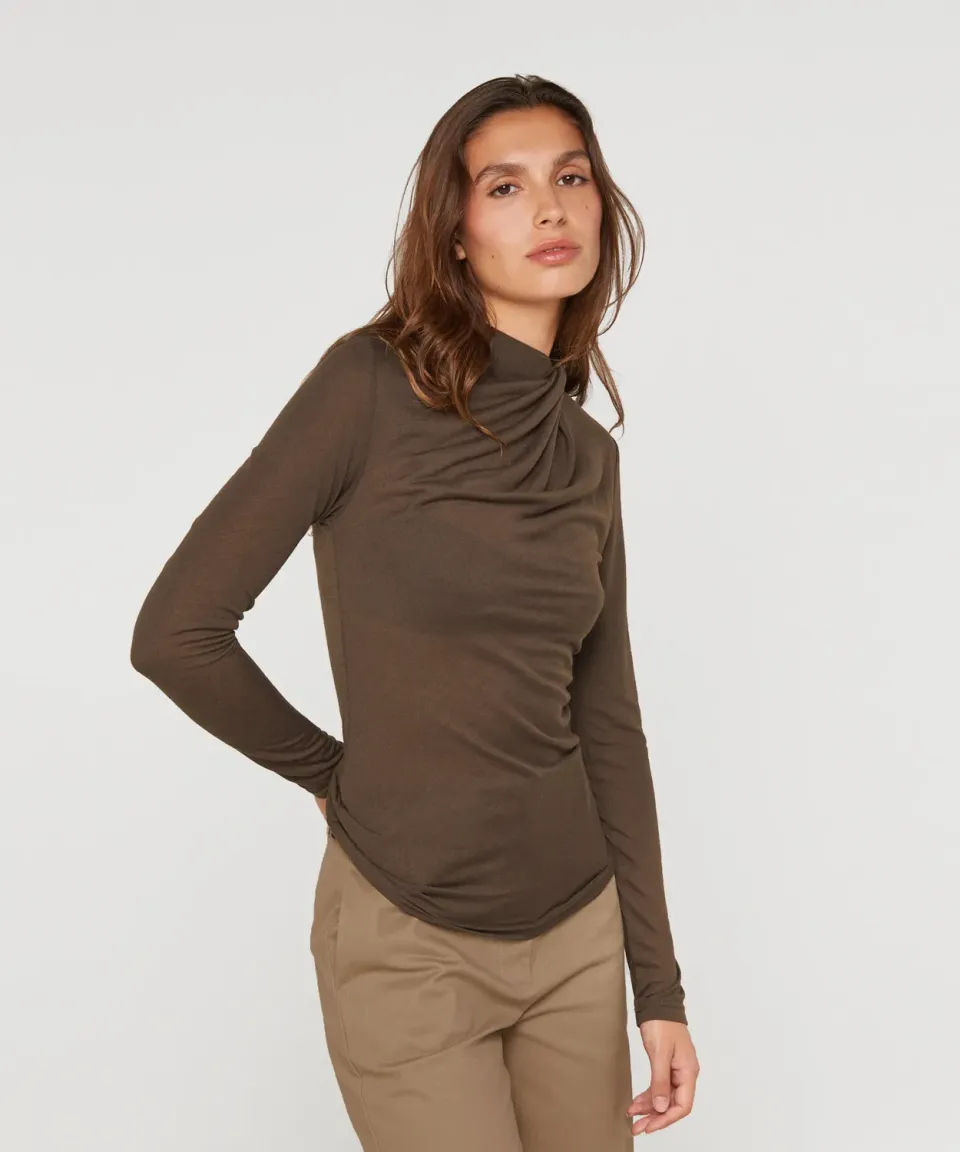 Rodier T-Shirt Drappeggiata Marrone Maniche Lunghe