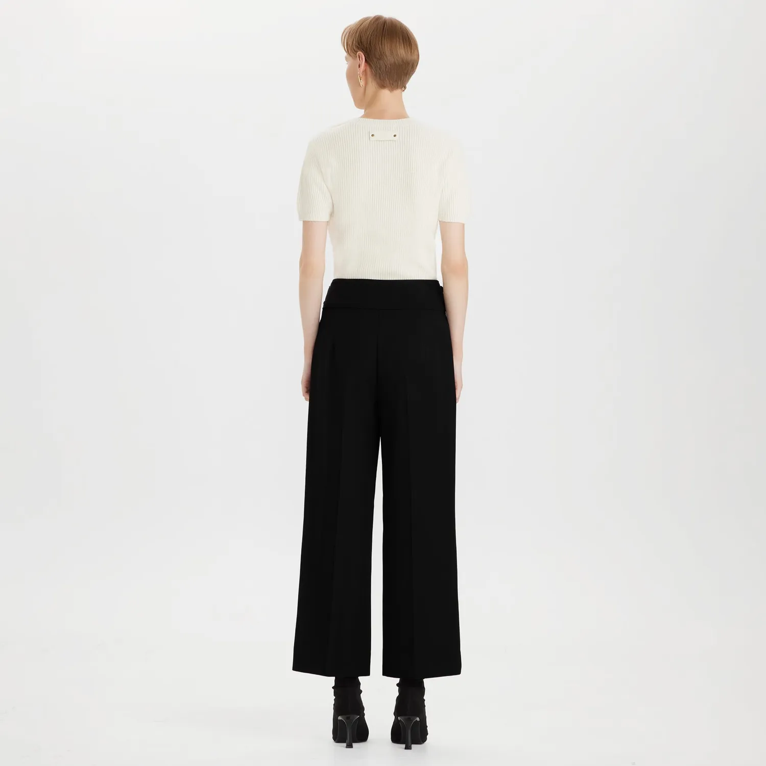 PORTS Wool Cropped pantaloni lana neri wide-leg